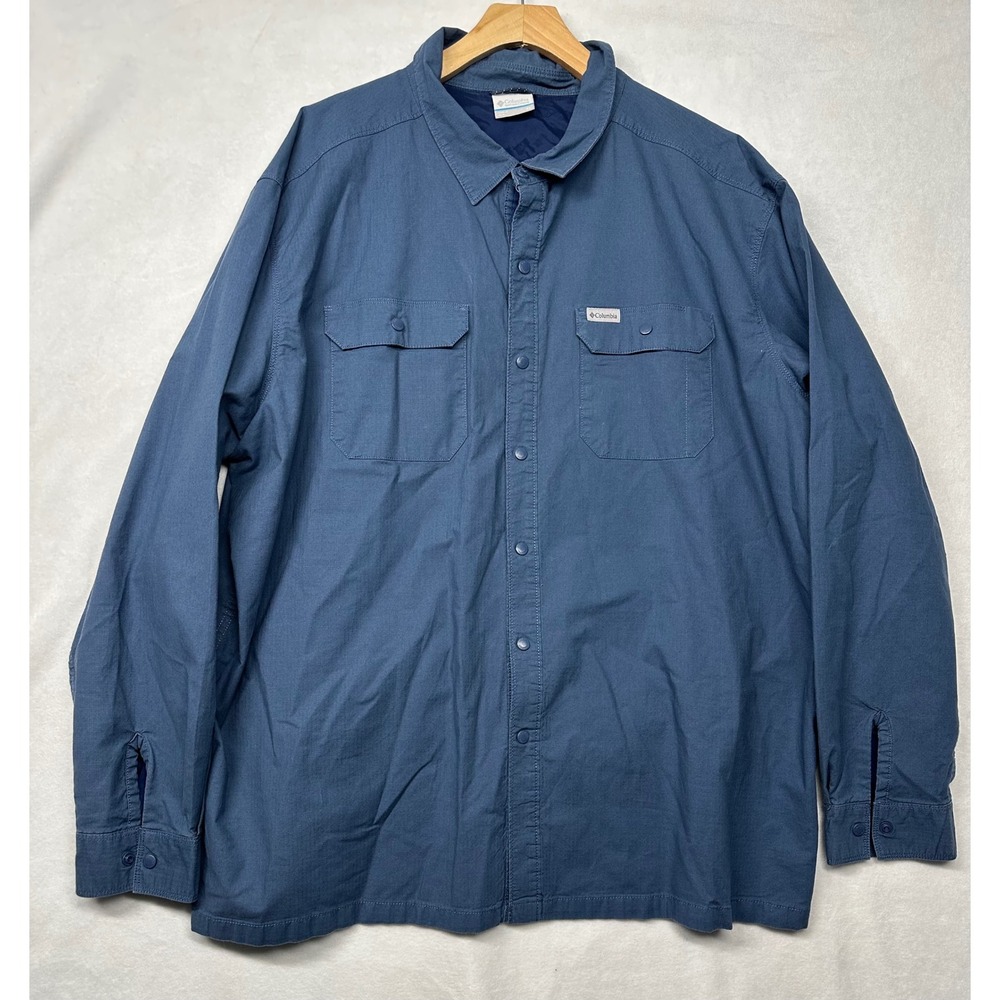 Columbia Mens Lined Shirt Jacket Blue Snap‎ Front 2X Cotton Blend windbreaker